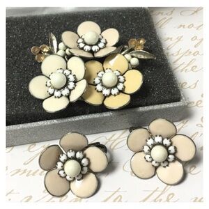 Antique Enamel Floral Large Brooch Clip Earring Set